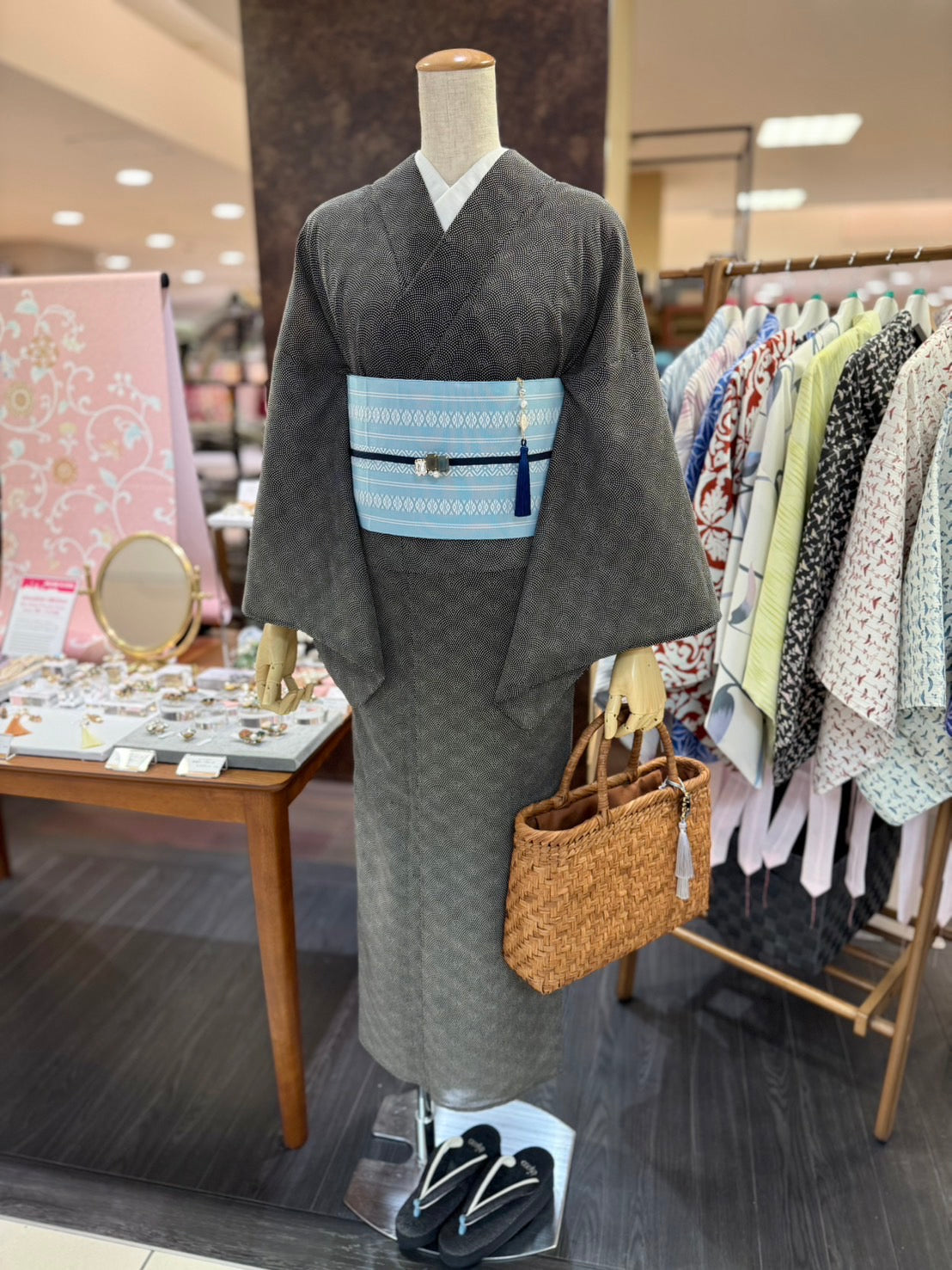綿三部式ゆかた鮫小紋ブラック(夏衿・襦袢袖付き)
