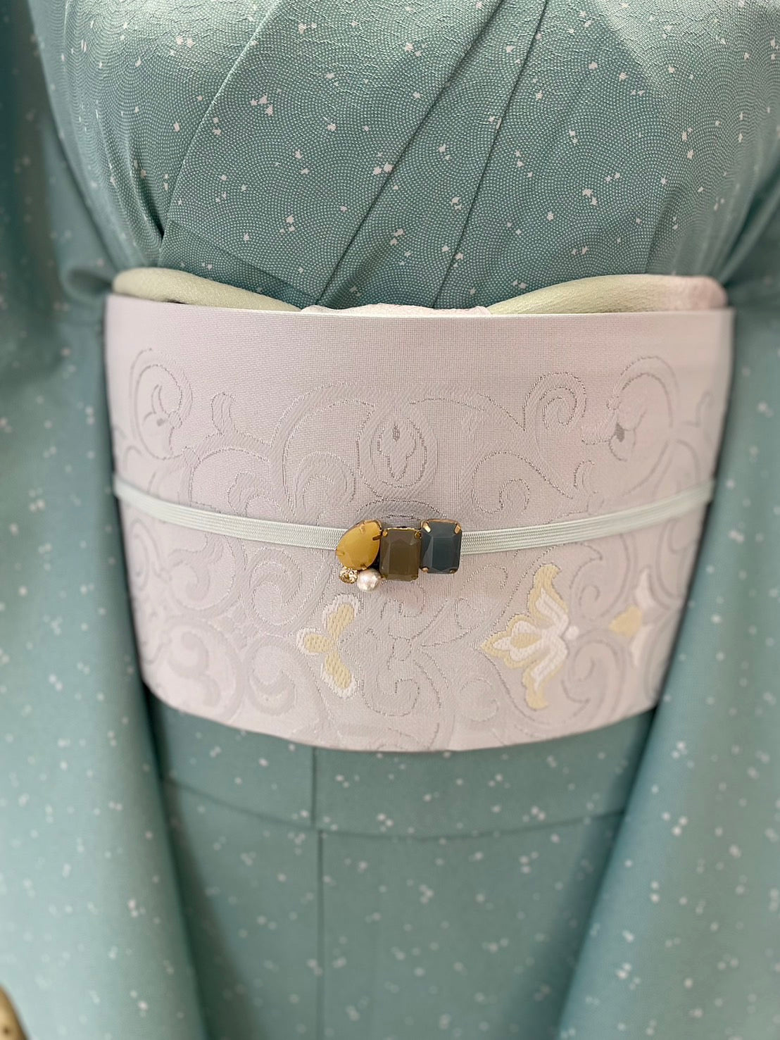 三部式単衣きもの 鮫小紋 蒔糊グリーン セット