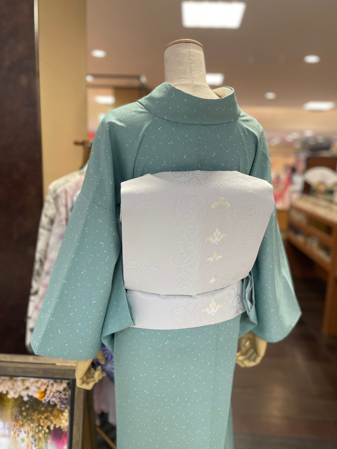 三部式単衣きもの 鮫小紋 蒔糊グリーン セット