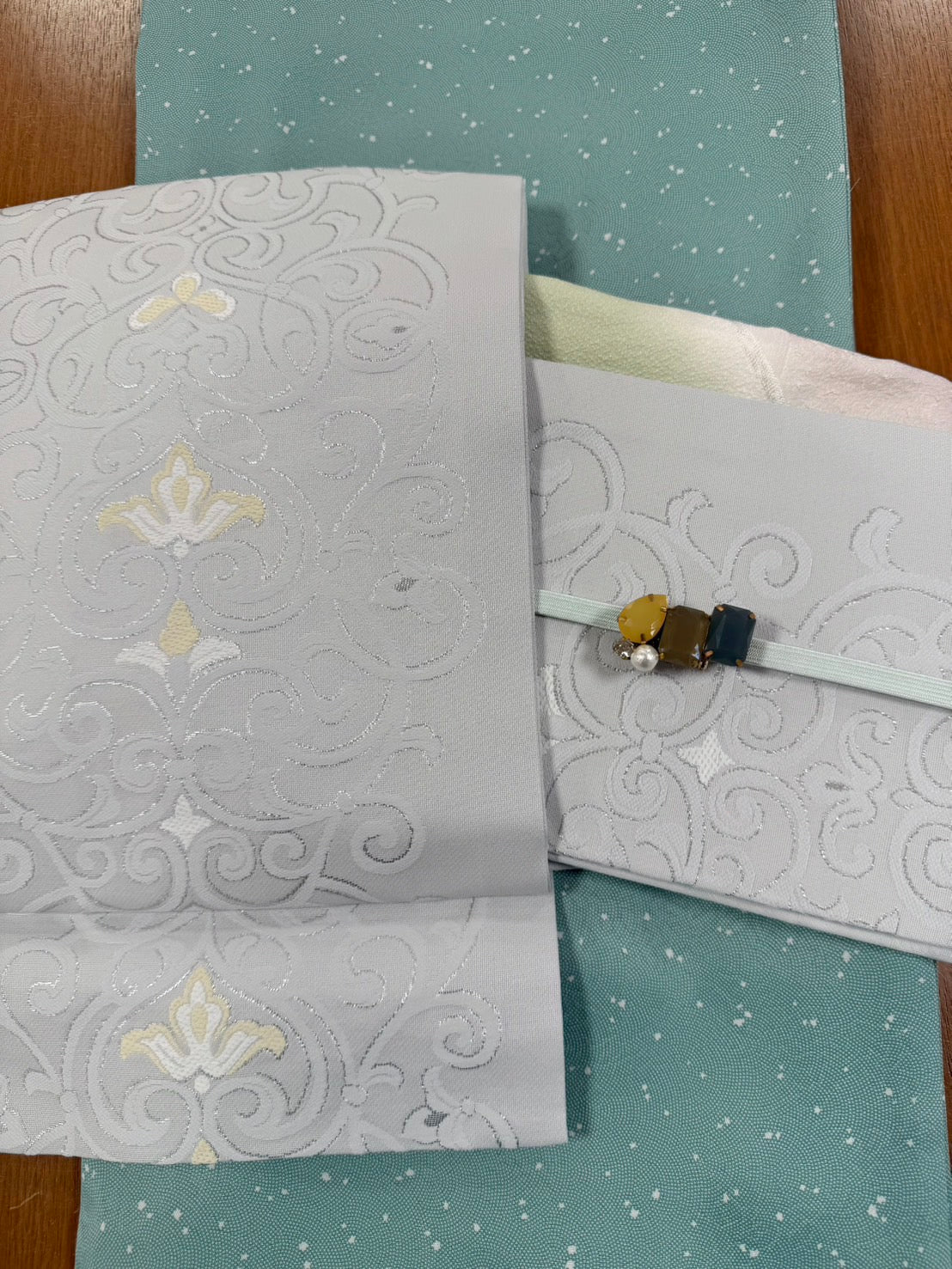 三部式単衣きもの 鮫小紋 蒔糊グリーン セット