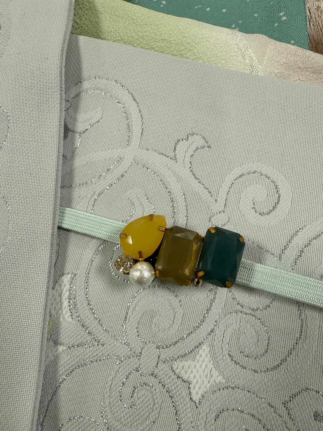 三部式単衣きもの 鮫小紋 蒔糊グリーン セット