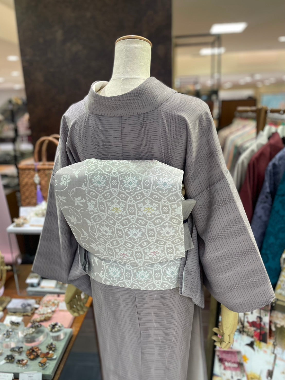 三部式単衣きもの グレー小紋(衿・襦袢袖付き)