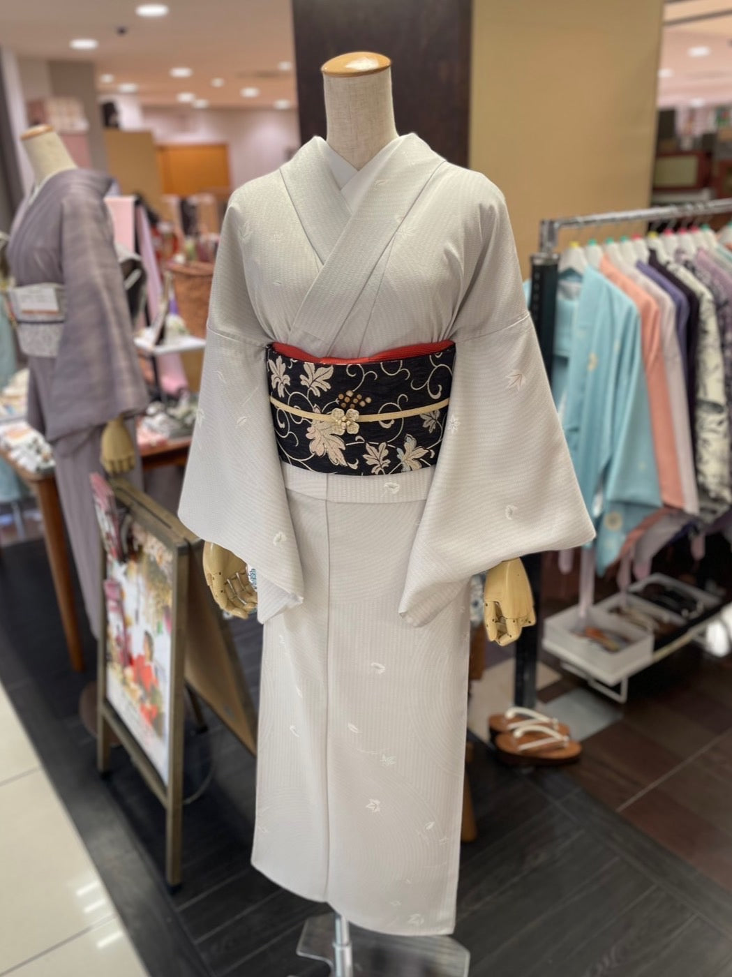 三部式単衣きもの グレー小紋(衿・襦袢袖付き)
