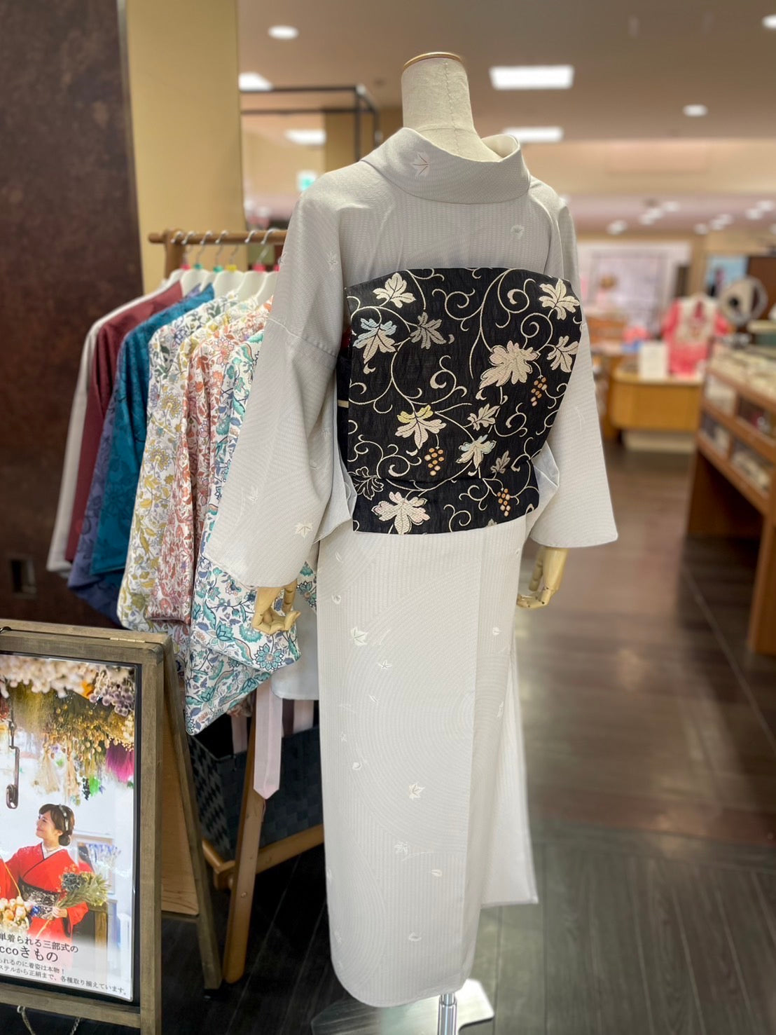 三部式単衣きもの グレー小紋(衿・襦袢袖付き)