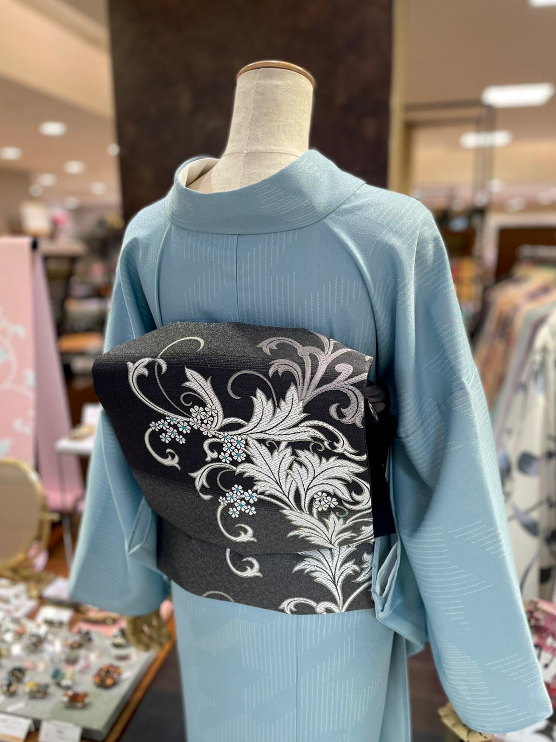 三部式単衣きもの ブルー小紋(衿・襦袢袖付き)