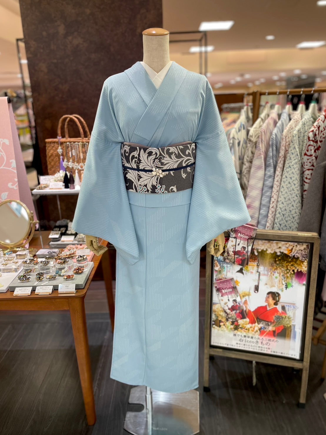 三部式単衣きもの ブルー小紋(衿・襦袢袖付き)