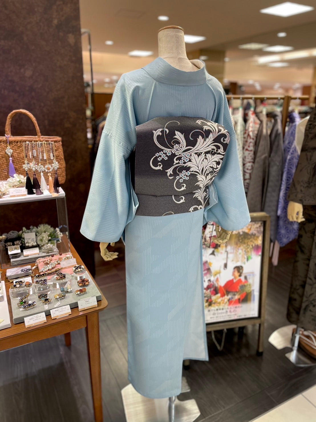 三部式単衣きもの ブルー小紋(衿・襦袢袖付き)