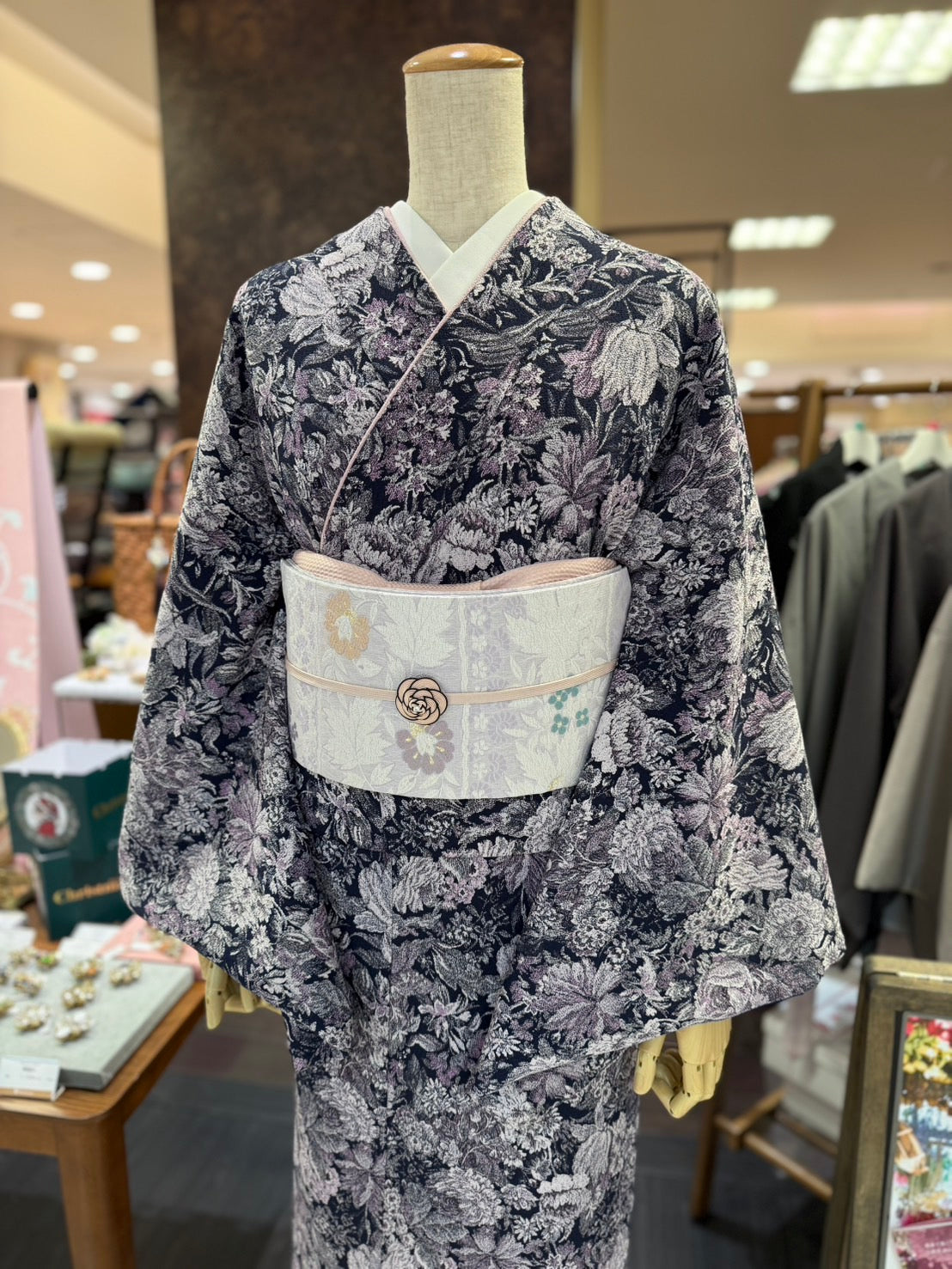 三部式袷きもの ポリちりめん アンティークフラワー ネイビー（衿