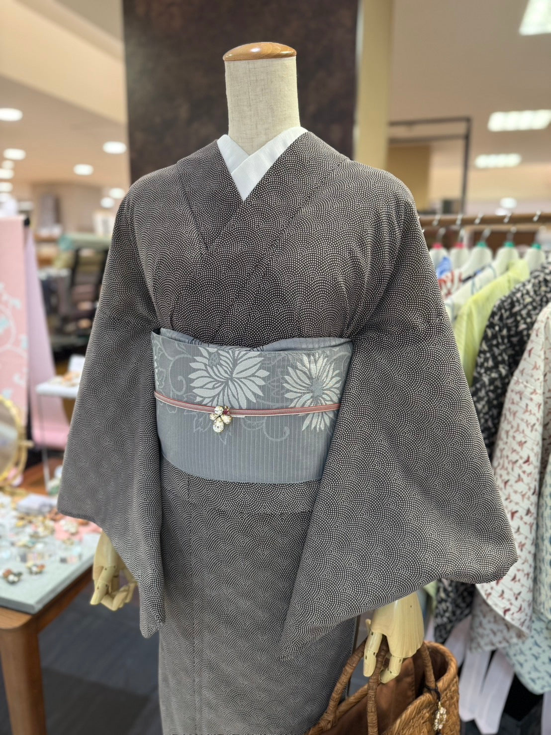 綿三部式ゆかた鮫小紋ダークブラウン（夏衿・襦袢袖付き）