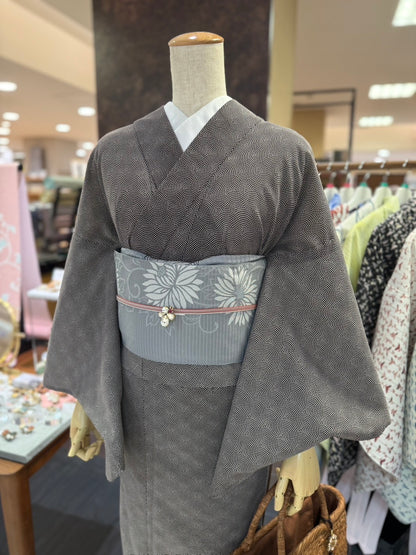 綿三部式ゆかた鮫小紋ダークブラウン（夏衿・襦袢袖付き）
