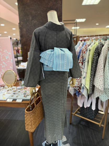 綿三部式ゆかた鮫小紋ブラック（夏衿・襦袢袖付き）
