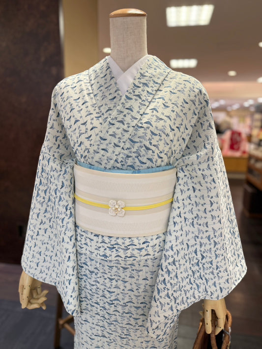 セオアルファ三部式ゆかた菊縞ブルー S・M・Lサイズ（夏衿・襦袢袖付き）