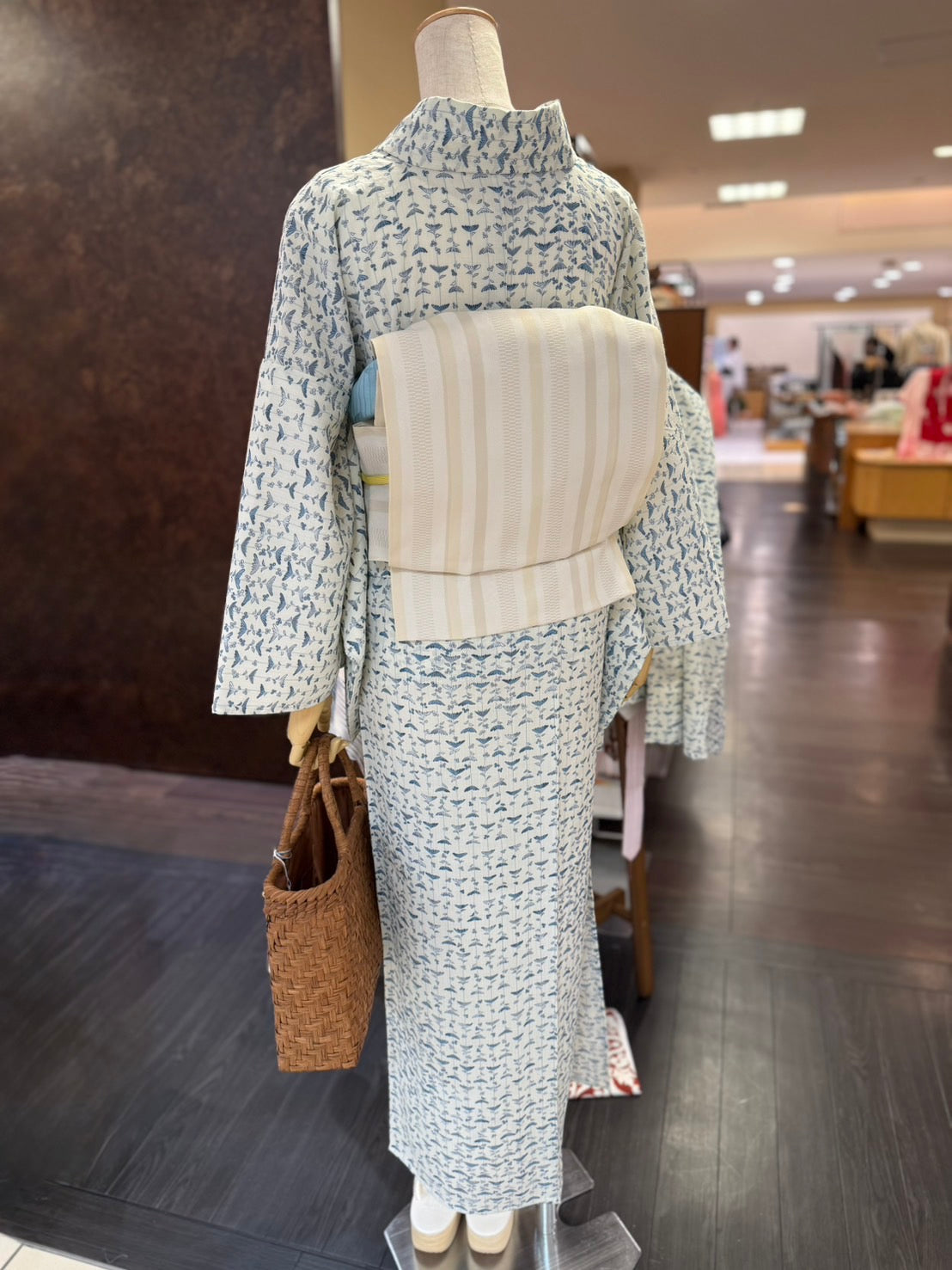 セオアルファ三部式ゆかた菊縞ブルー S・M・Lサイズ（夏衿・襦袢袖付き）