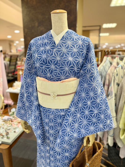セオアルファ三部式ゆかた麻の葉（紺）（夏衿・襦袢袖付き）