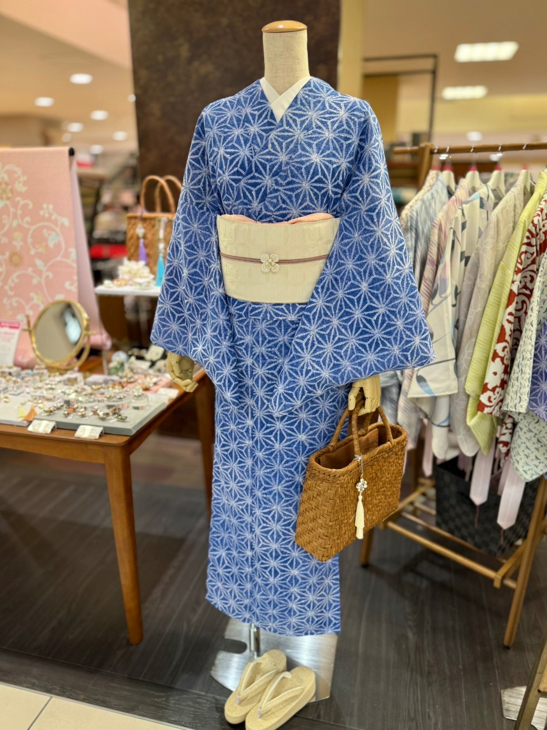 セオアルファ三部式ゆかた麻の葉（紺）（夏衿・襦袢袖付き