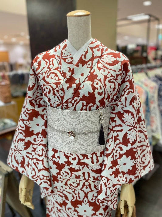 セオアルファ三部式ゆかた アラベスク赤（夏衿・襦袢袖付き）
