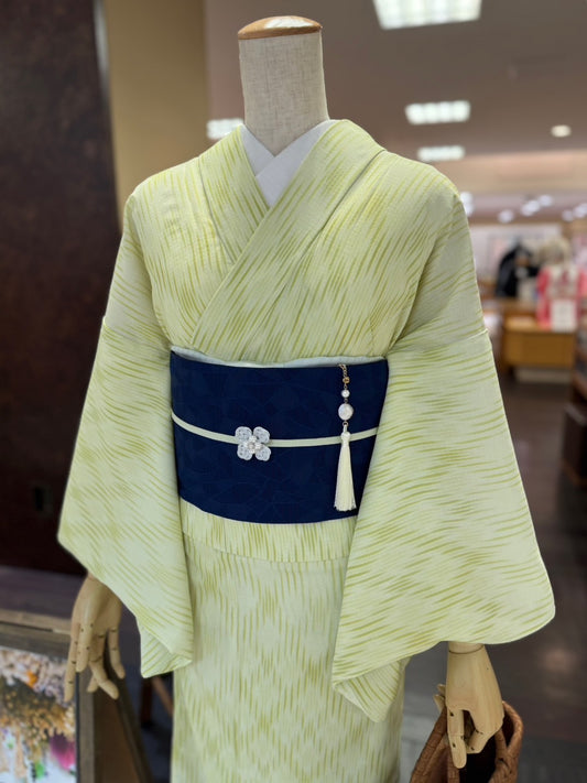 セオアルファ三部式ゆかた ぼかし格子ライムグリーン（夏衿・襦袢袖付き）