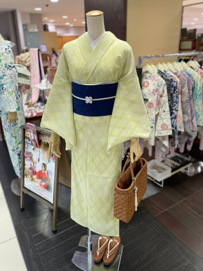 セオアルファ三部式ゆかた ぼかし格子ライムグリーン（夏衿・襦袢袖付き）