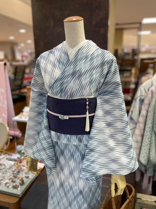 セオアルファ三部式ゆかた ぼかし格子ブルー（夏衿・襦袢袖付き）