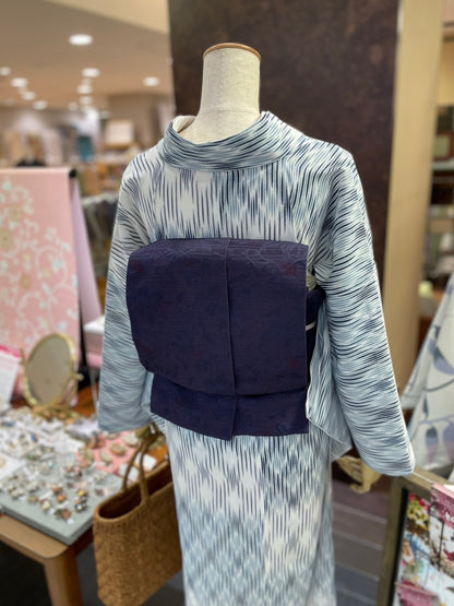 セオアルファ三部式ゆかた ぼかし格子ブルー（夏衿・襦袢袖付き）
