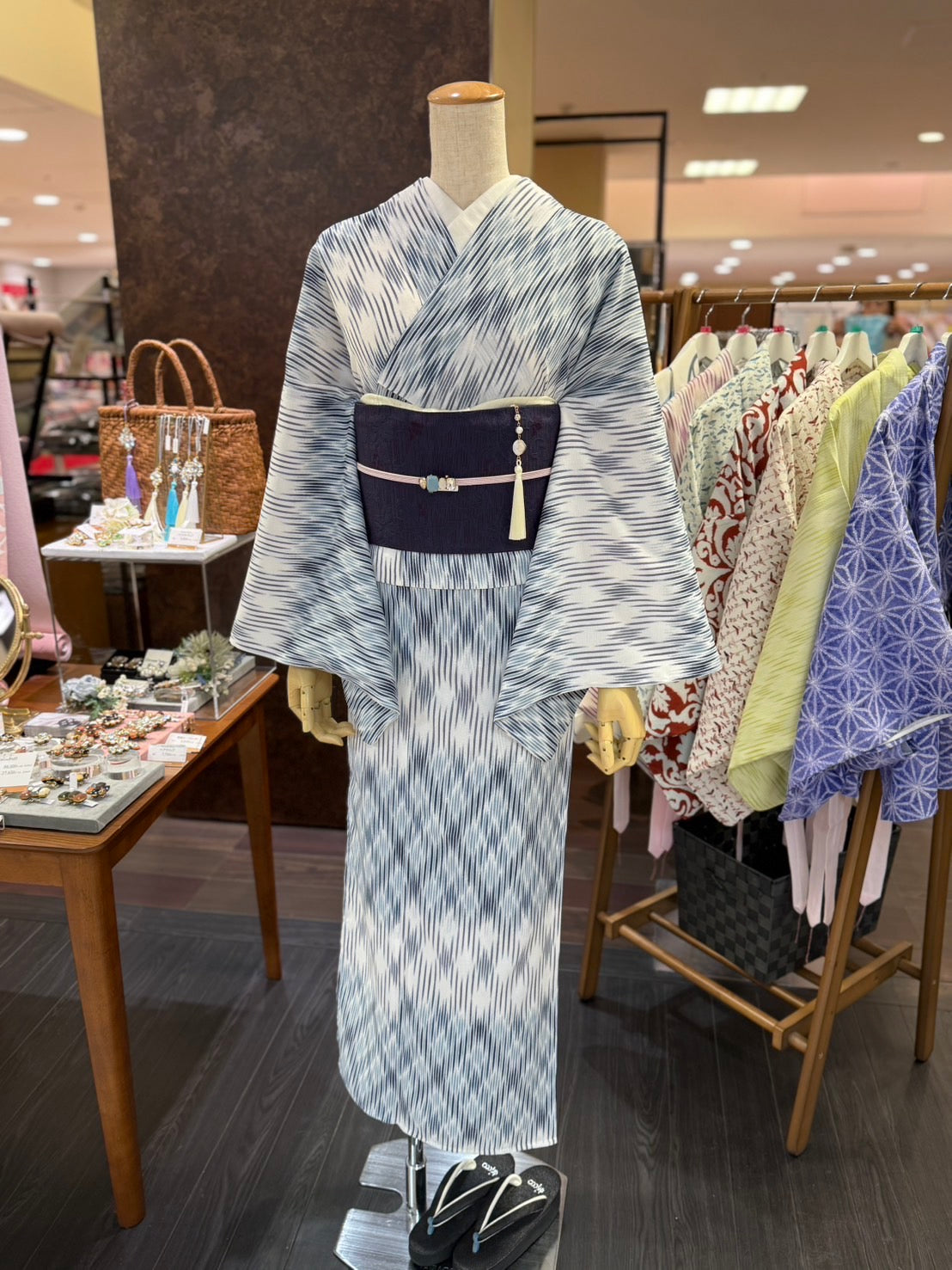 セオアルファ三部式ゆかた ぼかし格子ブルー（夏衿・襦袢袖付き）