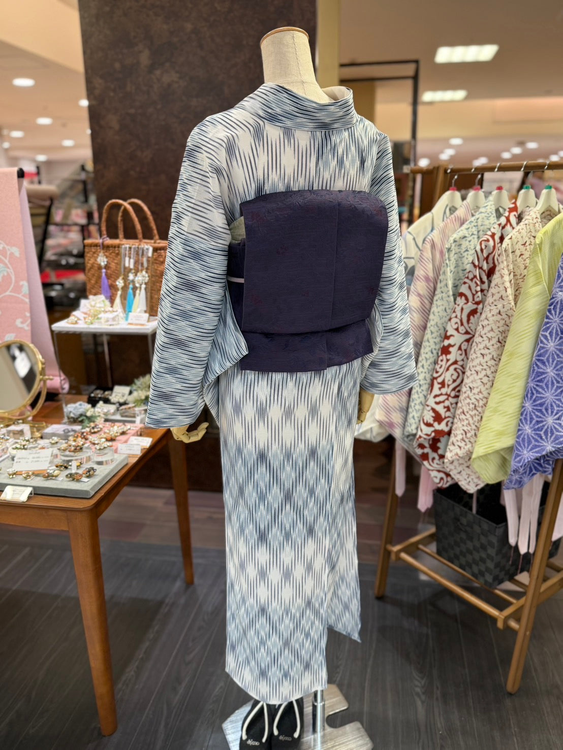 セオアルファ三部式ゆかた ぼかし格子ブルー（夏衿・襦袢袖付き）