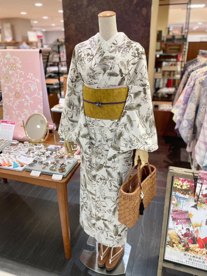 麻調シャークスキン三部式きもの ホワイト×カーキ（夏衿・襦袢袖付き）