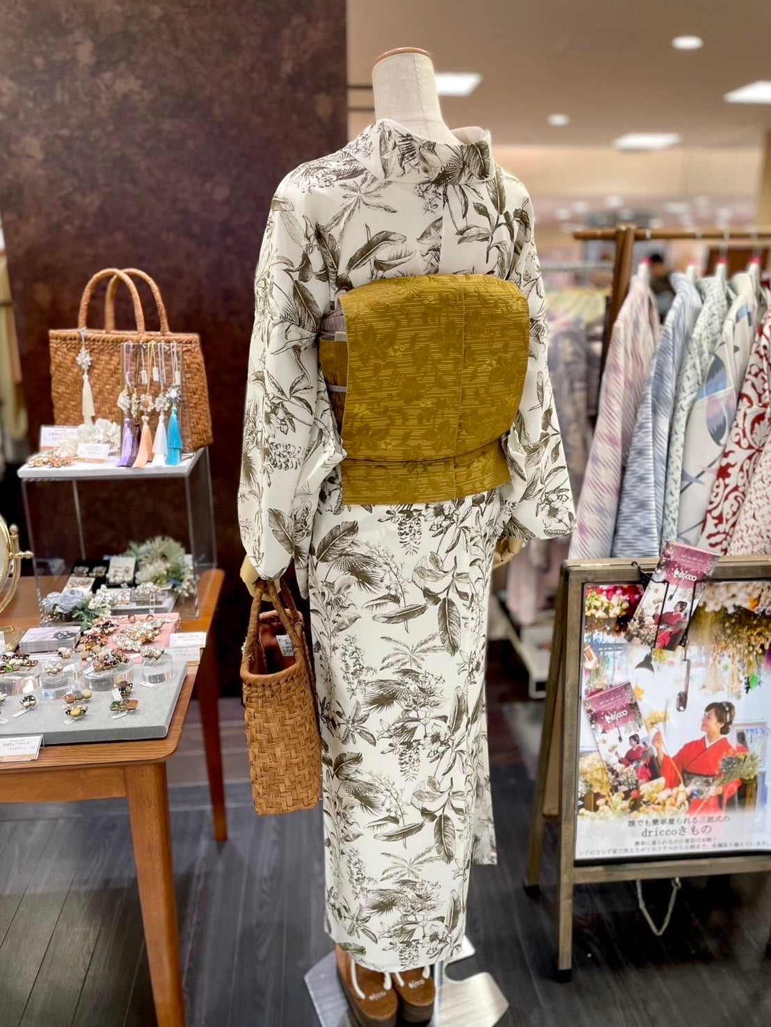 麻調シャークスキン三部式きもの ホワイト×カーキ（夏衿・襦袢袖付き）