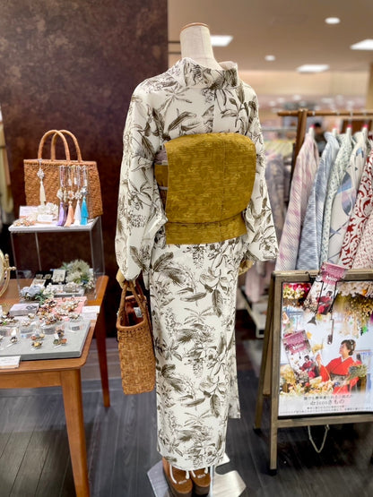 麻調シャークスキン三部式きもの ホワイト×カーキ（夏衿・襦袢袖付き）