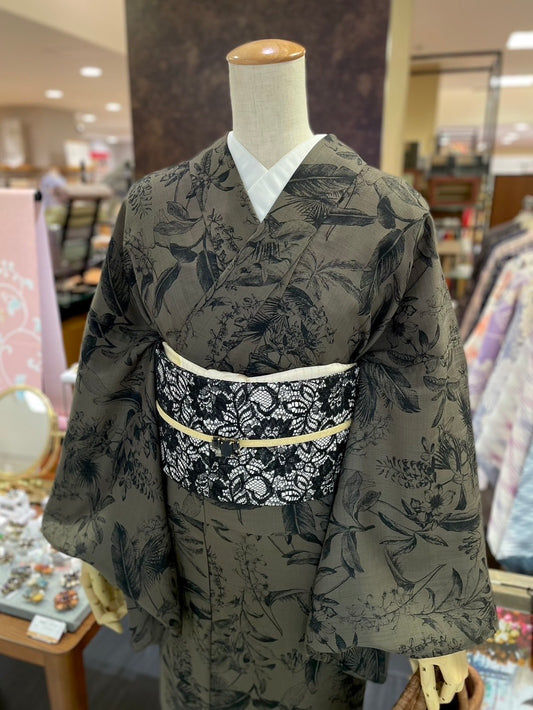 麻調シャークスキン三部式きもの カーキ×ブラック（夏衿・襦袢袖付き）