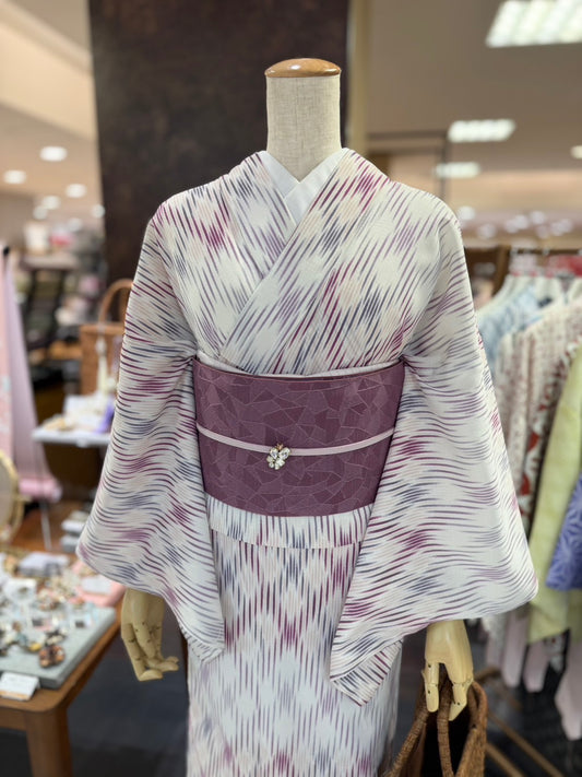 セオアルファ三部式ゆかた ぼかし格子パープル（夏衿・襦袢袖付き）