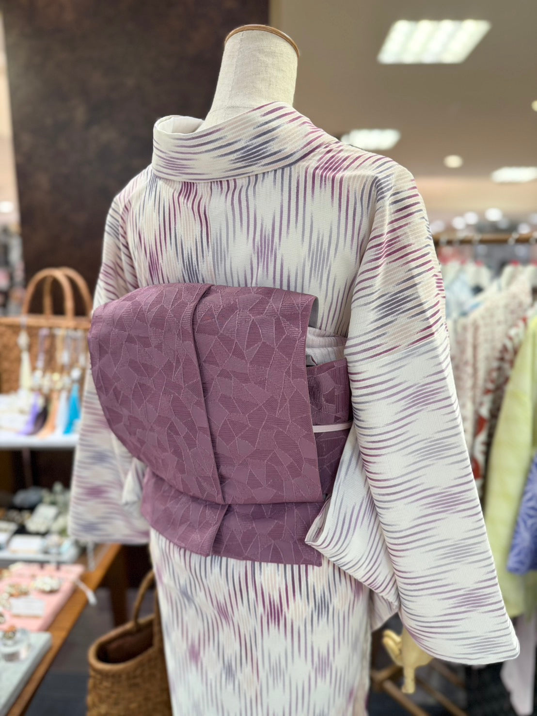 セオアルファ三部式ゆかた ぼかし格子パープル（夏衿・襦袢袖付き）