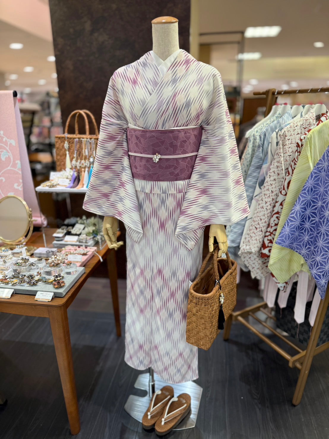 セオアルファ三部式ゆかた ぼかし格子パープル（夏衿・襦袢袖付き）