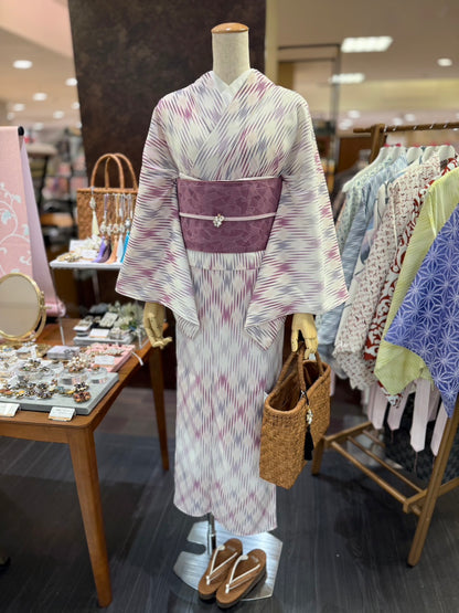 セオアルファ三部式ゆかた ぼかし格子パープル（夏衿・襦袢袖付き）