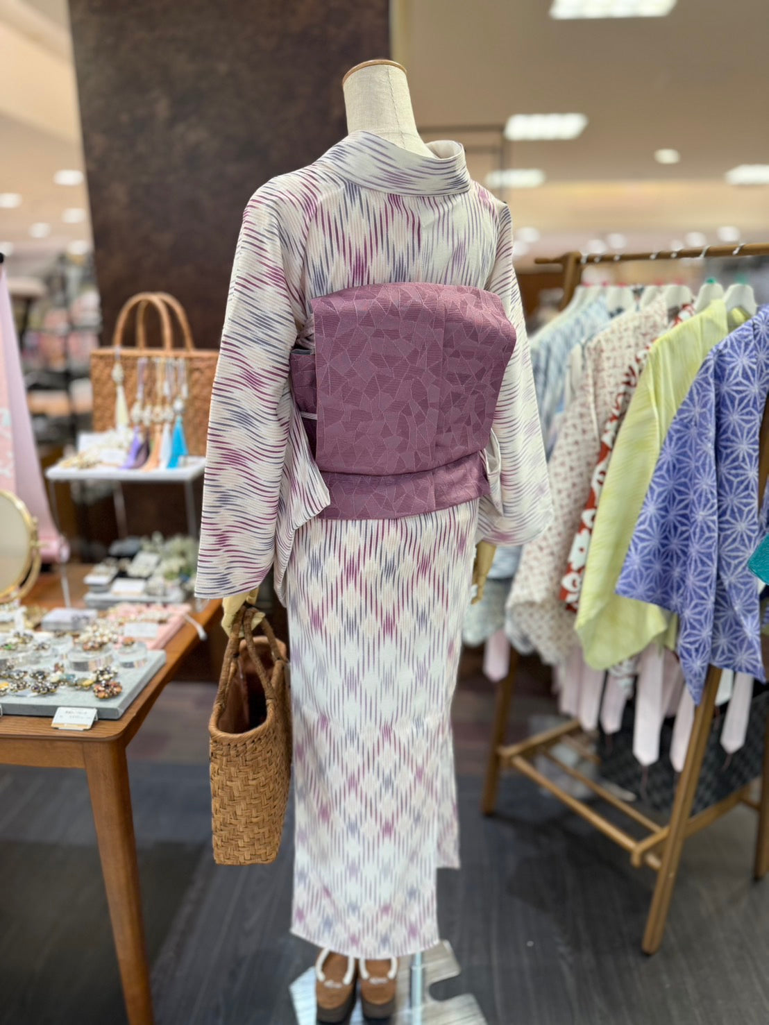 セオアルファ三部式ゆかた ぼかし格子パープル（夏衿・襦袢袖付き）