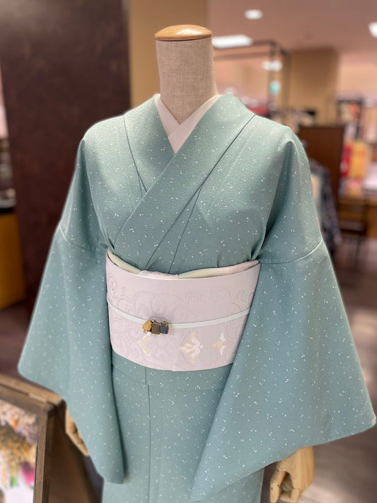 三部式単衣きもの 鮫小紋 蒔糊グリーン（衿・襦袢袖付き）