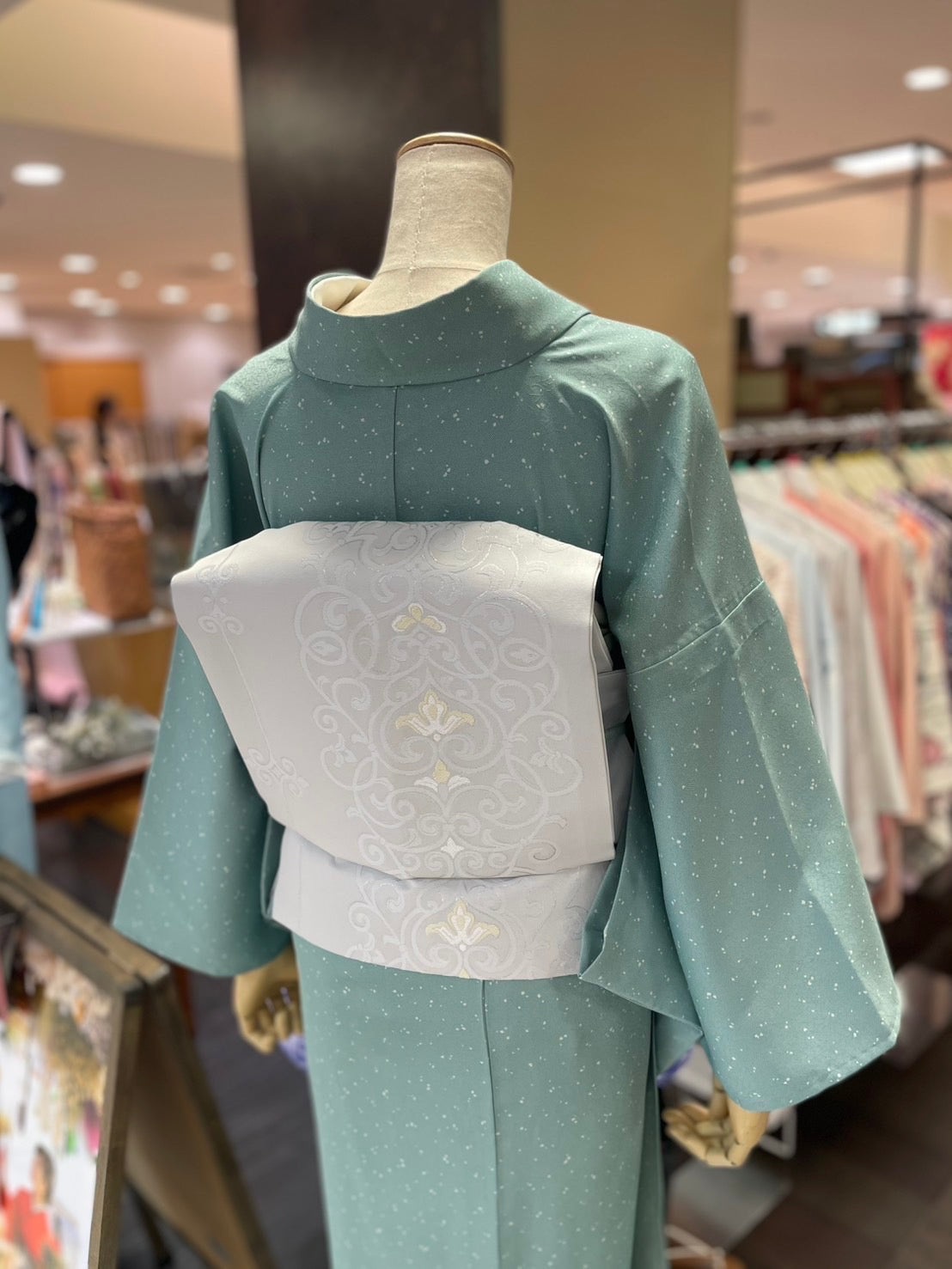 三部式単衣きもの 鮫小紋 蒔糊グリーン（衿・襦袢袖付き）