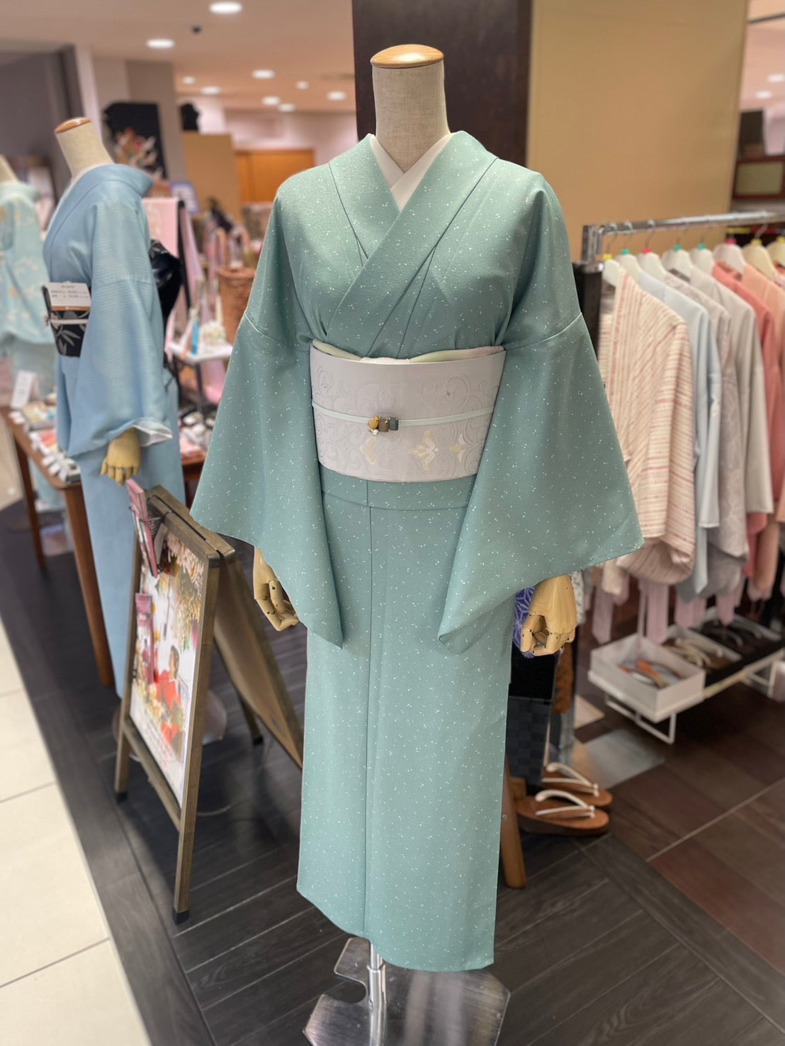 三部式単衣きもの 鮫小紋 蒔糊グリーン（衿・襦袢袖付き）