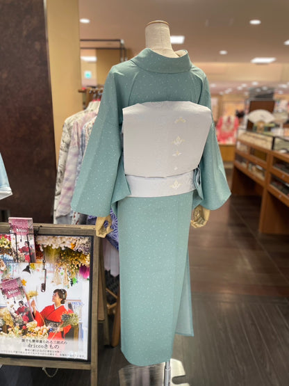 三部式単衣きもの 鮫小紋 蒔糊グリーン（衿・襦袢袖付き）