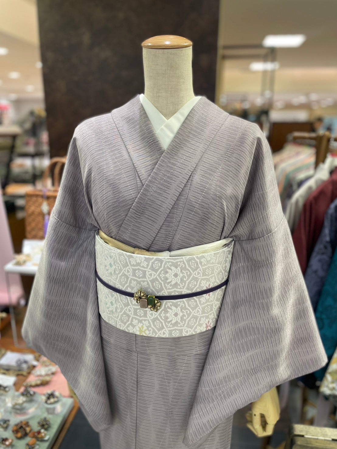 三部式単衣きもの グレー小紋（衿・襦袢袖付き）