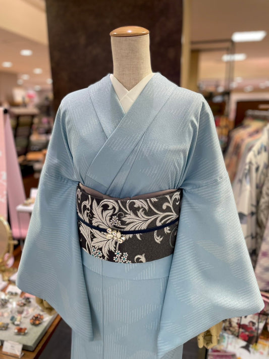 三部式単衣きもの ブルー小紋（衿・襦袢袖付き）
