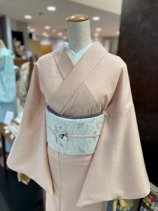 三部式単衣きもの オレンジ七宝鮫小紋（衿・襦袢袖付き）