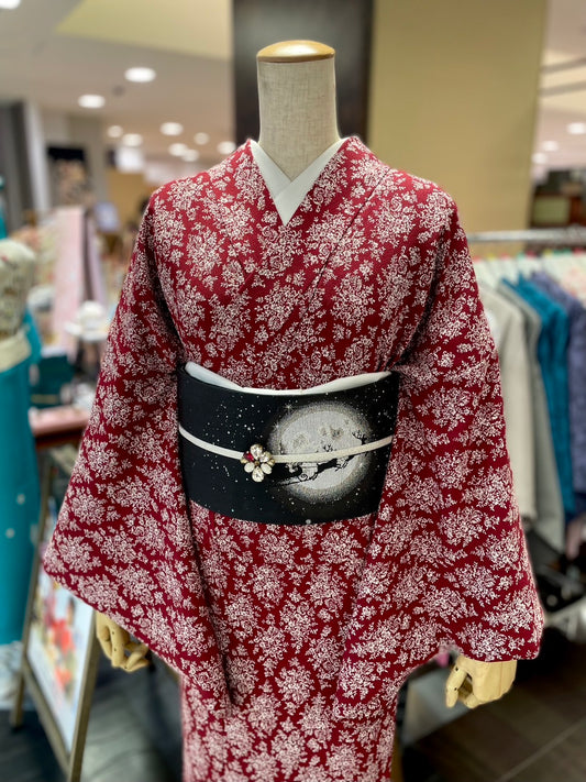 三部式袷きもの ポリちりめん 小紋 小花菱 赤（衿・襦袢袖付き）