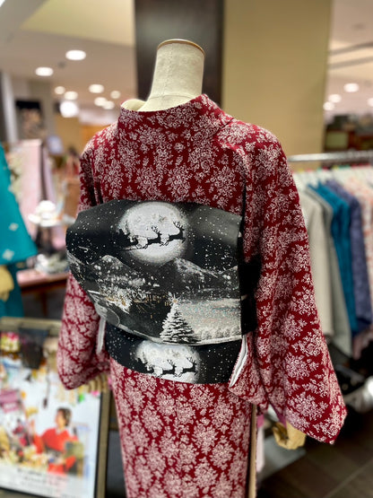 三部式袷きもの ポリちりめん 小紋 小花菱 赤（衿・襦袢袖付き）