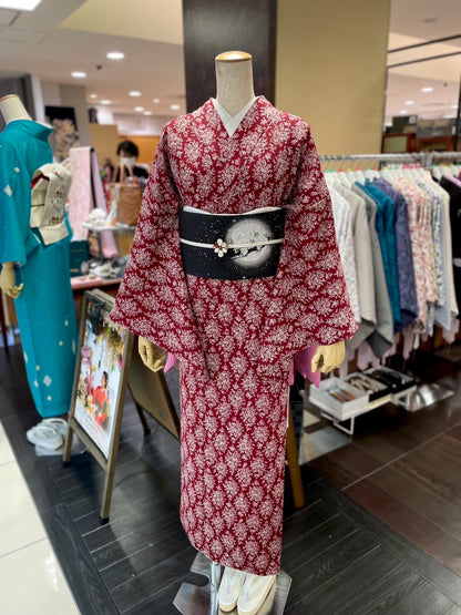 三部式袷きもの ポリちりめん 小紋 小花菱 赤（衿・襦袢袖付き）