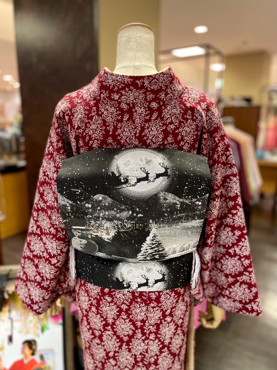 三部式袷きもの ポリちりめん 小紋 小花菱 赤 セット – driccoきもの