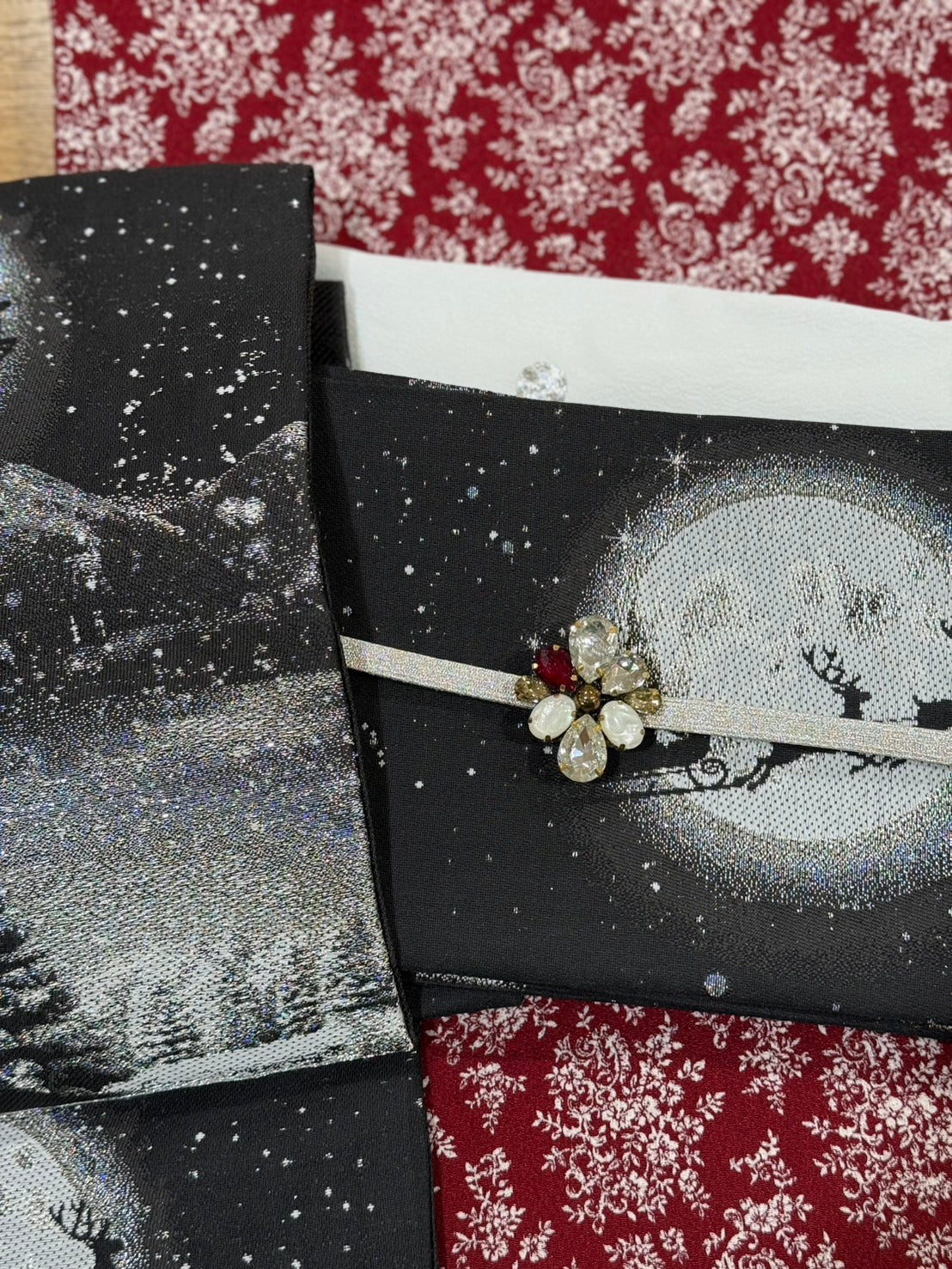 三部式袷きもの ポリちりめん 小紋 小花菱 赤 セット – driccoきもの