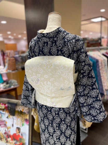 三部式袷きもの ポリちりめん 小紋 小花菱 紺（衿・襦袢袖付き）