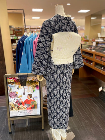 三部式袷きもの ポリちりめん 小紋 小花菱 紺（衿・襦袢袖付き）