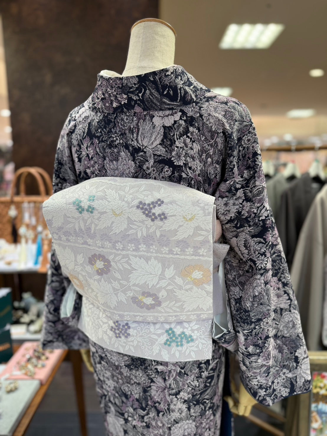 三部式袷きもの ポリちりめん アンティークフラワー ネイビー セット